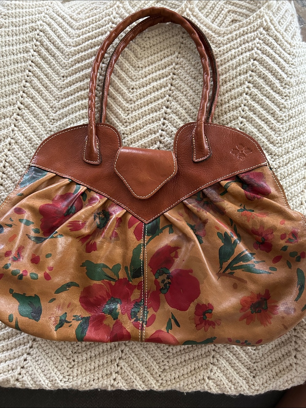 Patricia Nash Tan Floral Leather Satchel with Red & Green Accents